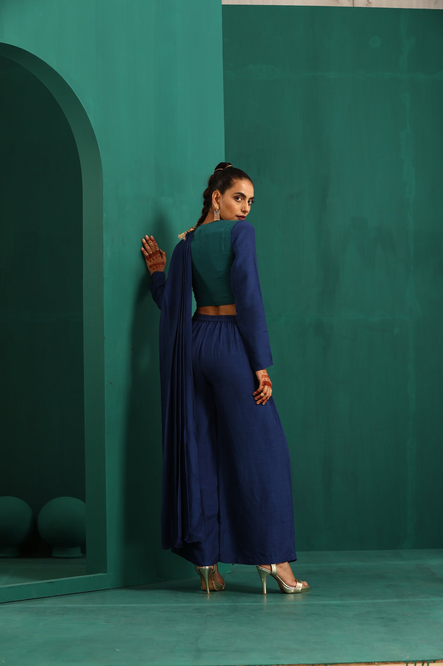 trueBrowns Blue Silk Palazzo Stitched Saree