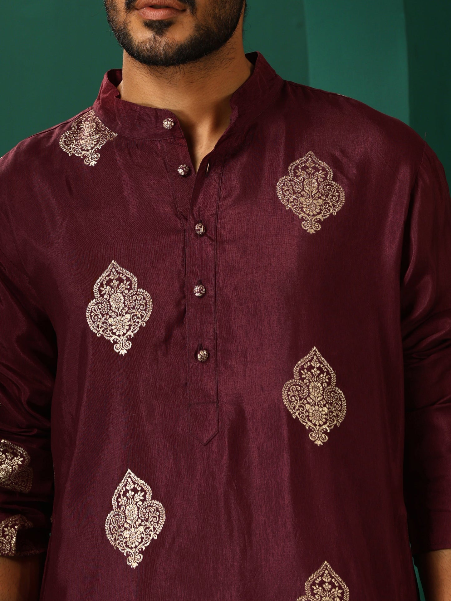 trueBrowns Men's Wine Geometric Viscose Silk Long Kurta