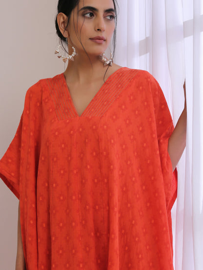 Orange Dobby Panel Kaftan Dress