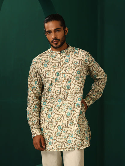 trueBrowns Men's Teal Floral Cotton Printed Co-ord Set