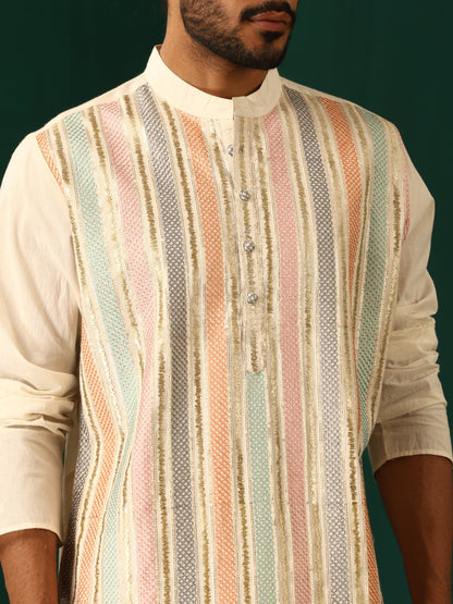 trueBrowns Men's Ivory Multi Colour Striped Cotton Kurta