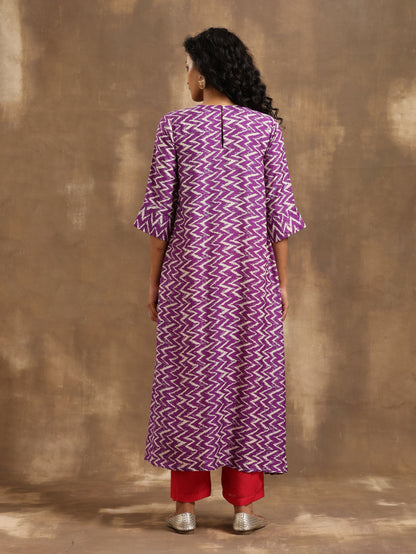 Purple Zig-Zag Printed Silk Kurta Pant Set