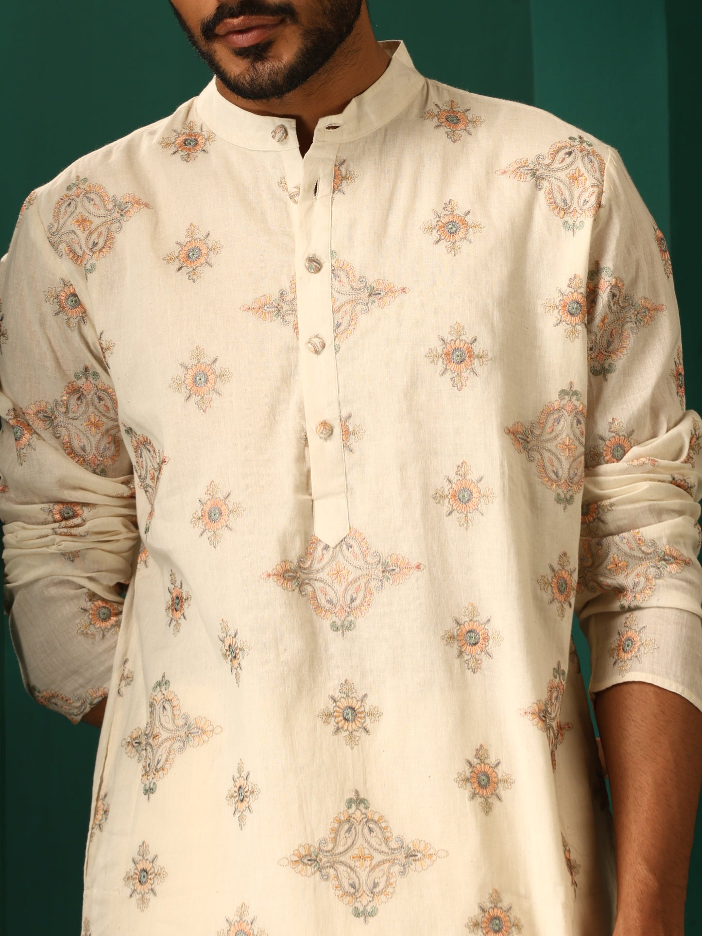 trueBrowns Men's Ivory Peach Cotton Kurta