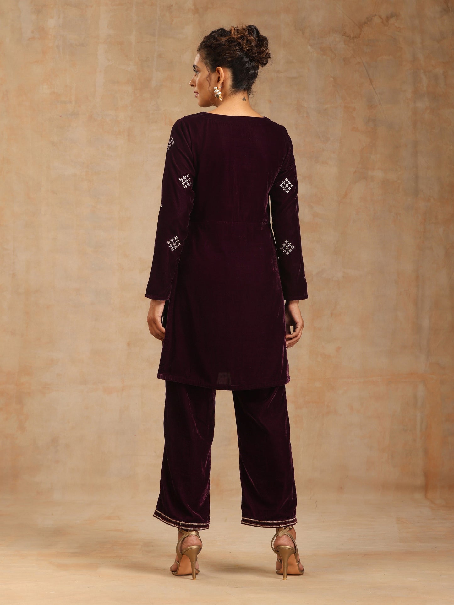 trueBrowns Wine Velvet Embroidered Co-ord Set