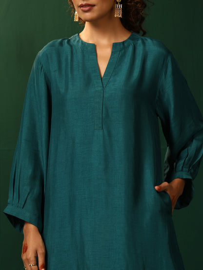 trueBrowns Teal Silk Relaxed Placket Co-ord Set