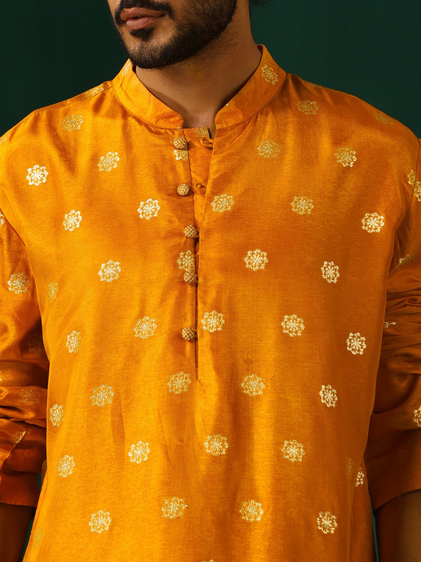 trueBrowns Men's Mustard Geometric Floral Viscose Silk Long Kurta