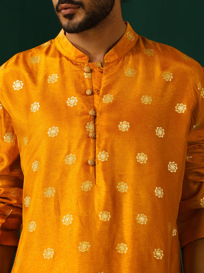 trueBrowns Men's Mustard Geometric Floral Viscose Silk Long Kurta