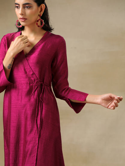 Purple Textured Silk Angrakha Kurta Pant Set