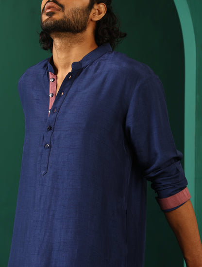 trueBrowns Men's Blue Silk Long Kurta