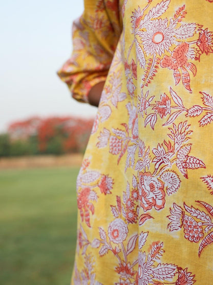 Yellow Cotton Block Print V-Square Neck Co-Ord Set - trueBrowns