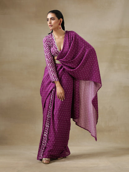 Purple Bandhani Printed Silk Full Sleeve Blouse