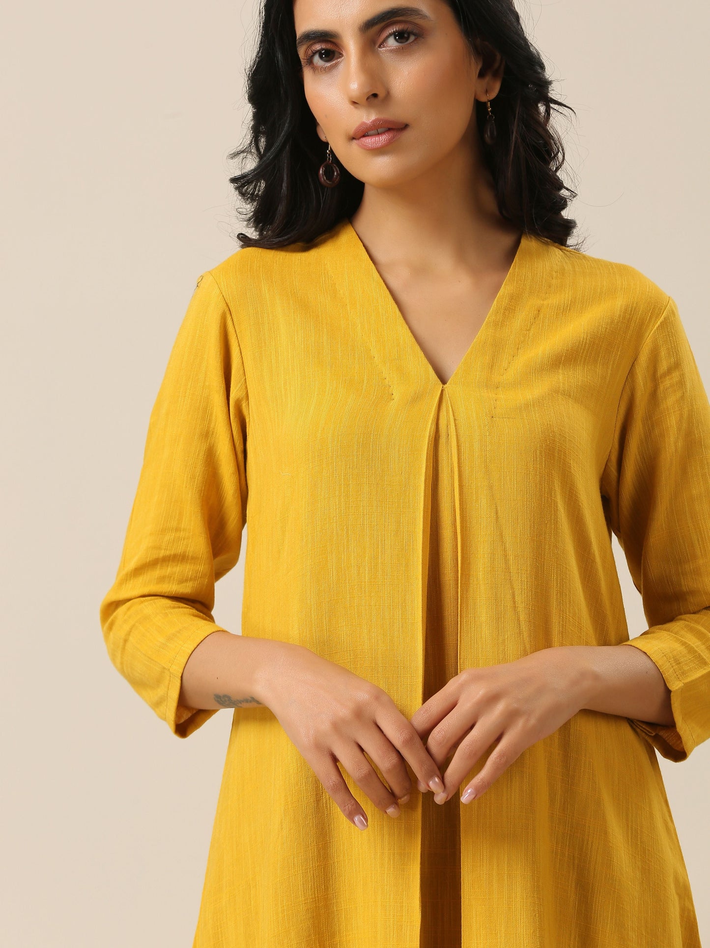 Mustard Yellow Slub Texture Neck Pleat Kurta Pant Set