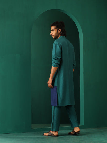 trueBrowns Men's Blue Color Block Silk Long Kurta