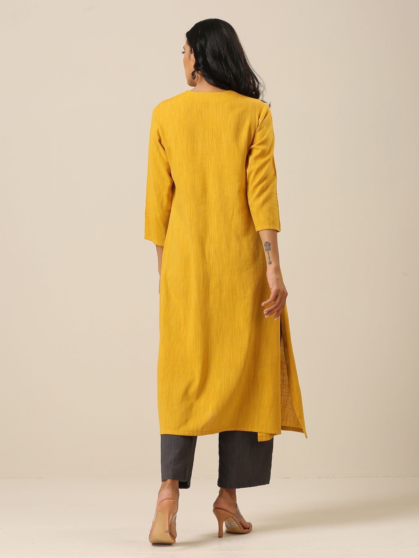 Mustard Yellow Slub Texture Neck Pleat Kurta Pant Set