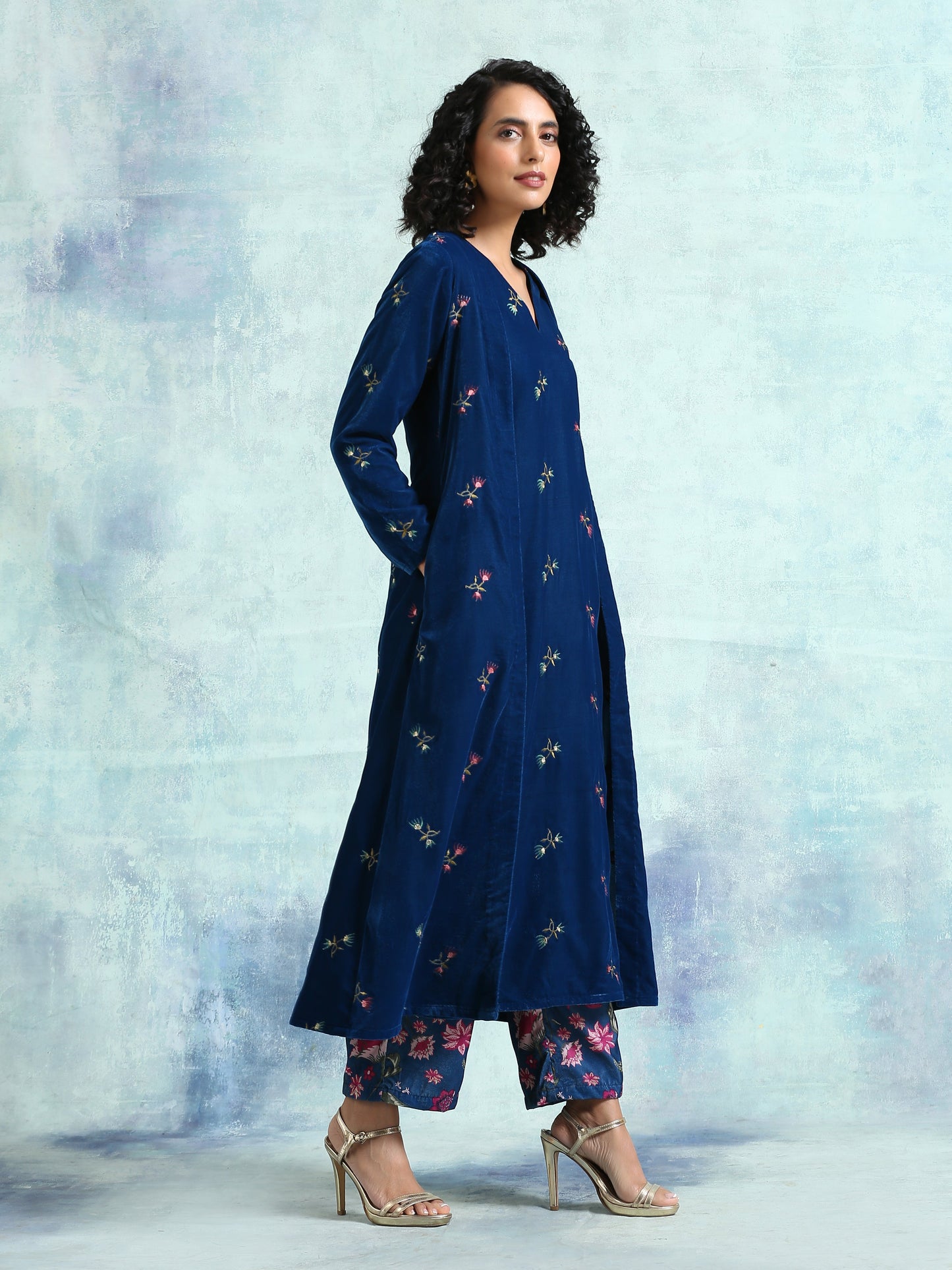 Blue Embroidered Velvet High Slit Kurta