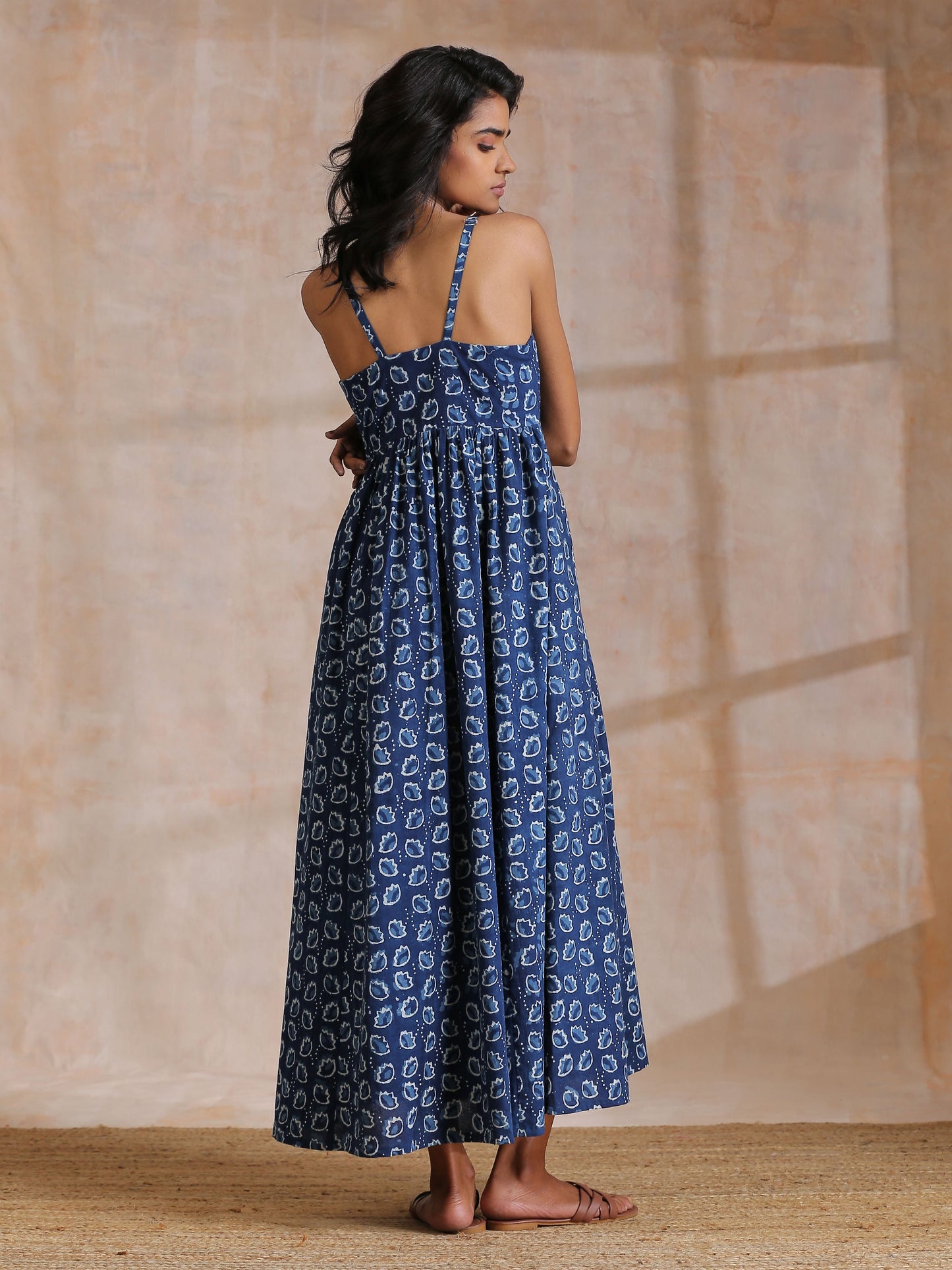 Indigo Dabu Floral Print Cotton Sleeveless Dress