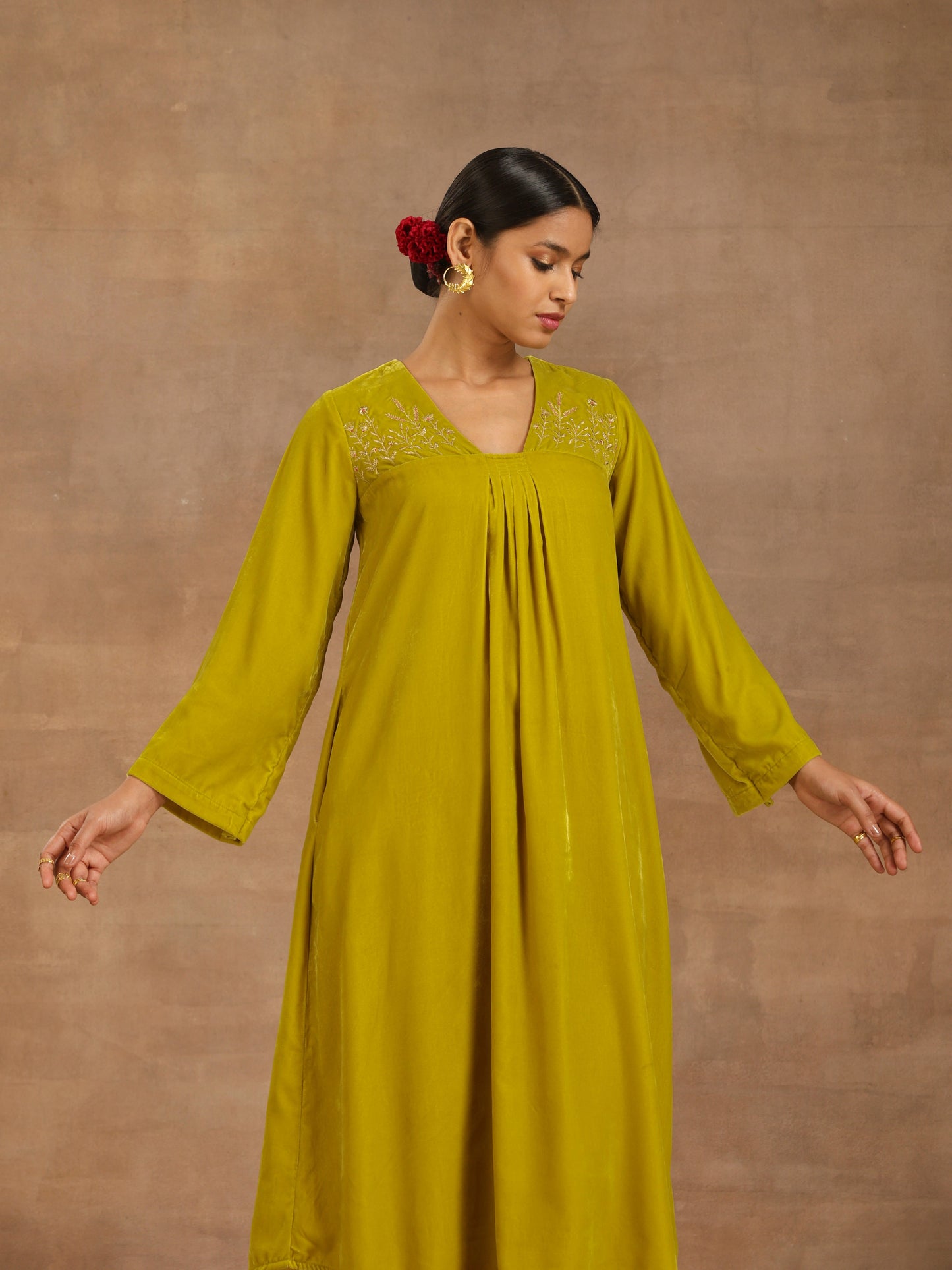 trueBrowns Lime Velvet Yoke Embroidered Kurta