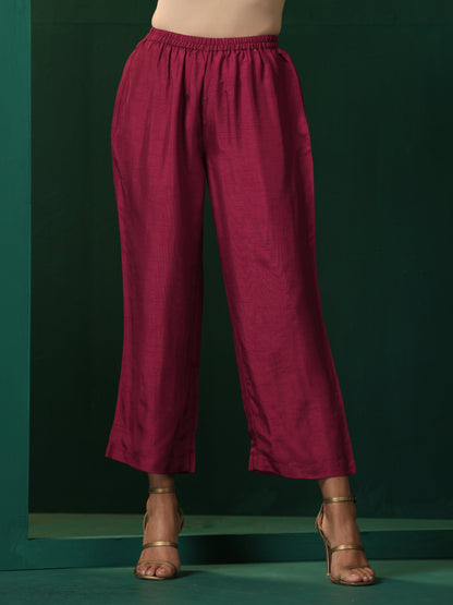 trueBrowns Maroon Silk Puff Sleeve Kurta Pant Set