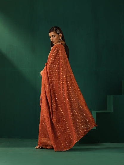 trueBrowns Rust Cotton Gold Lurex Striped Ready to Wear Saree