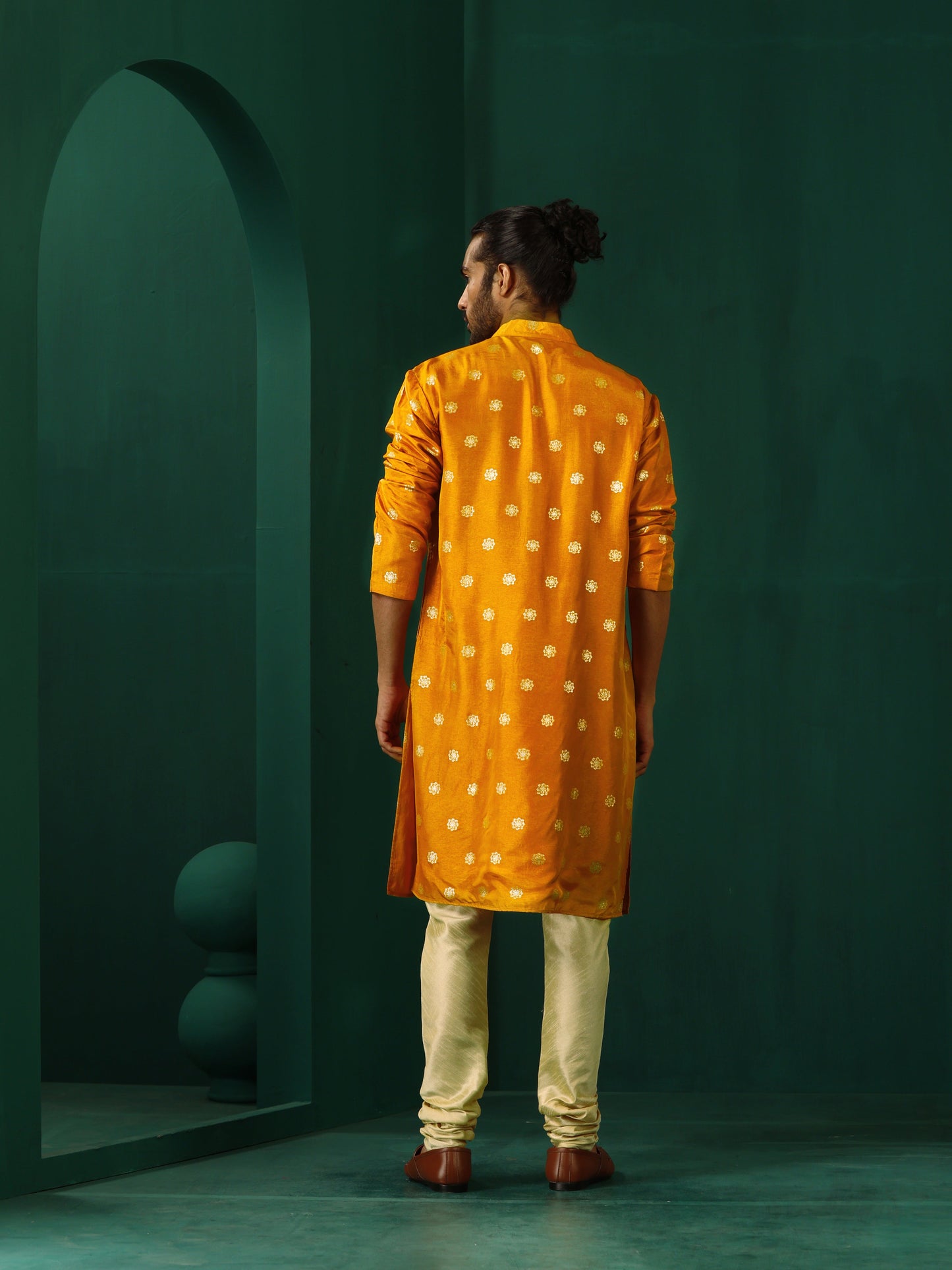 trueBrowns Men's Mustard Geometric Floral Viscose Silk Long Kurta