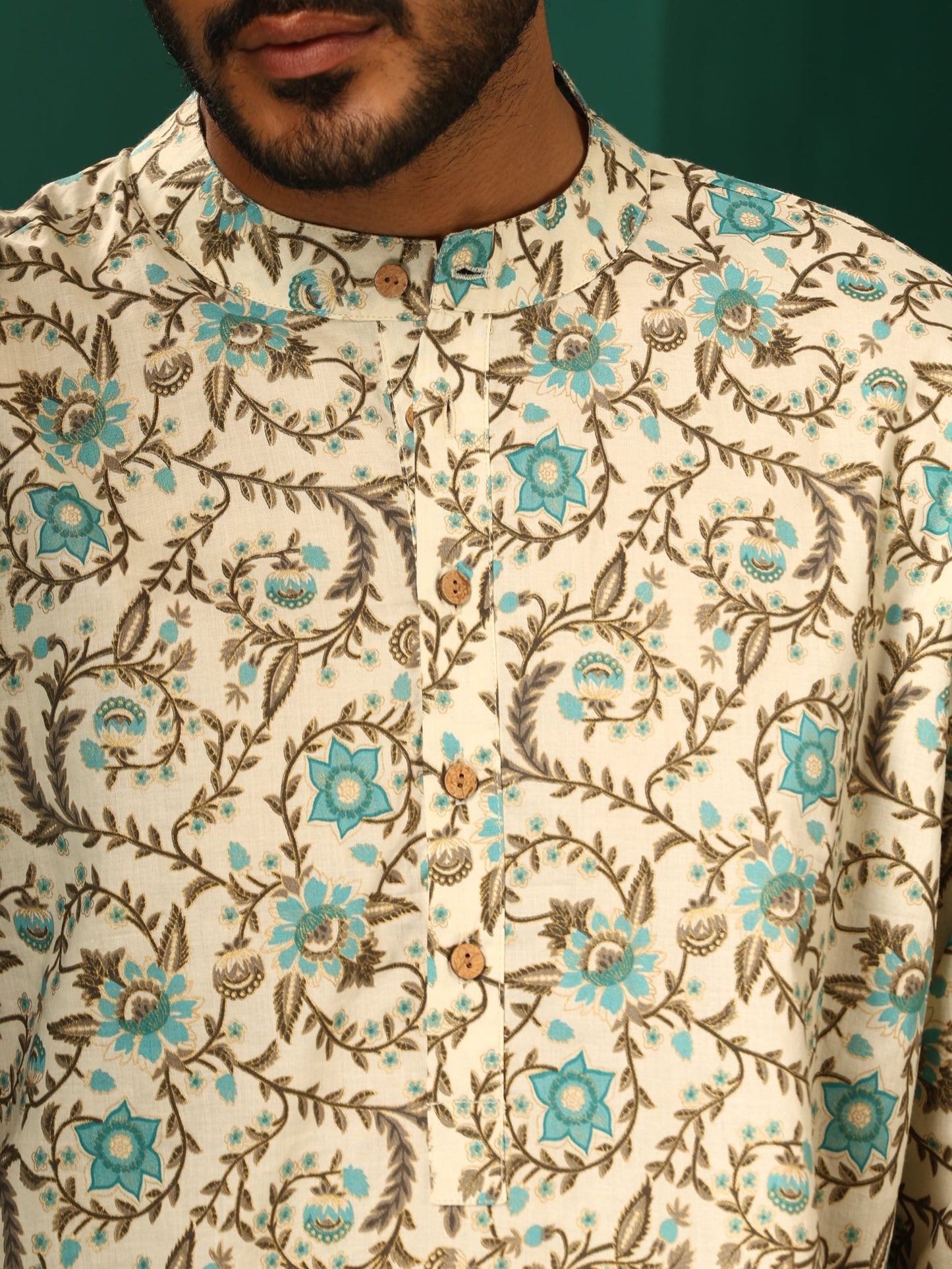 trueBrowns Men's Teal Floral Cotton Printed Co-ord Set