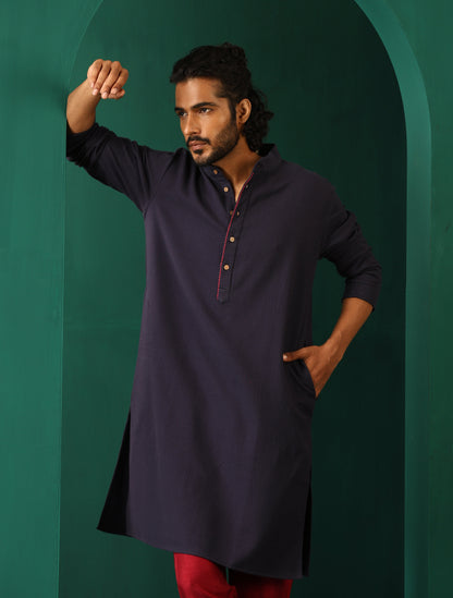 trueBrowns Men's Navy Dobby Textured Kurta