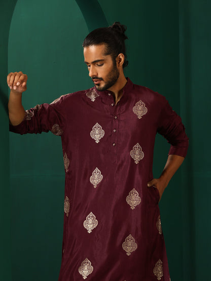 trueBrowns Men's Wine Geometric Viscose Silk Long Kurta