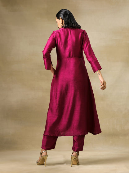 Purple Textured Silk Angrakha Kurta Pant Set