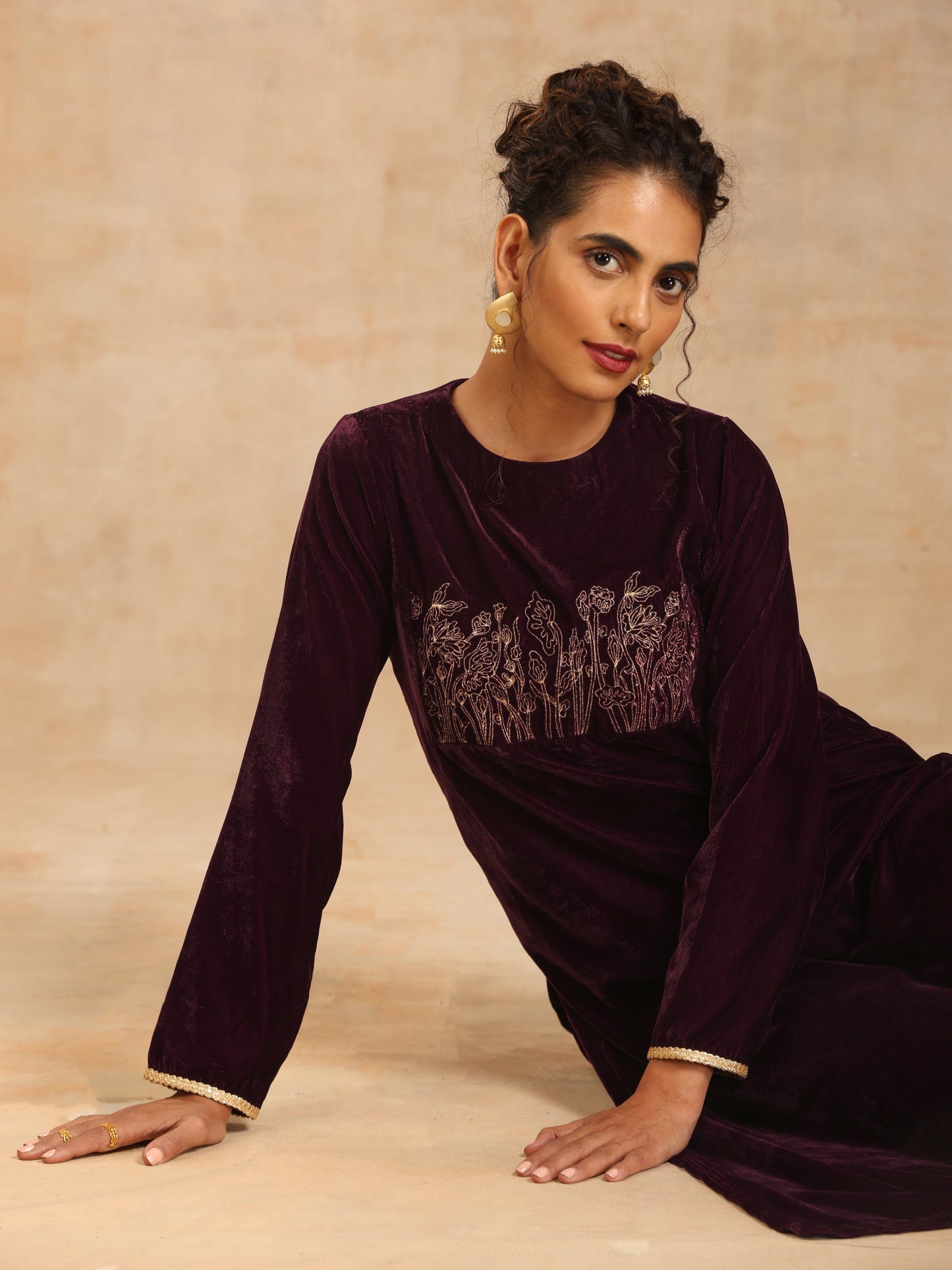 trueBrowns Wine Velvet Yoke Embroidered Kurta