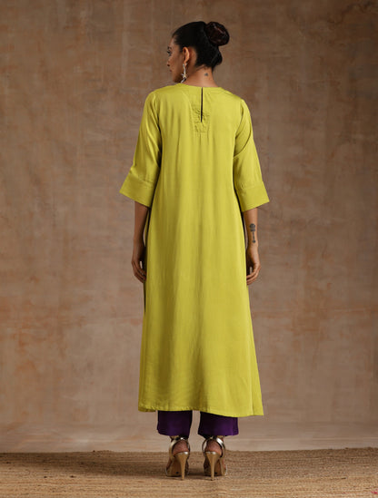 Lime Modal Satin Neck Pleat Kurta Set