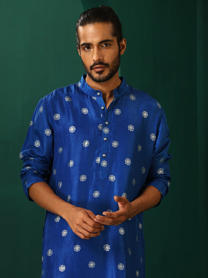 trueBrowns Men's Royal Blue Geometric Floral Viscose Silk Long Kurta