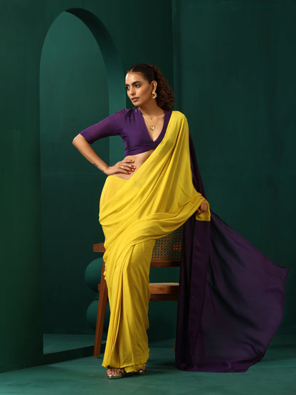 trueBrowns Yellow Purple Muslin Silk Ready to Wear Saree