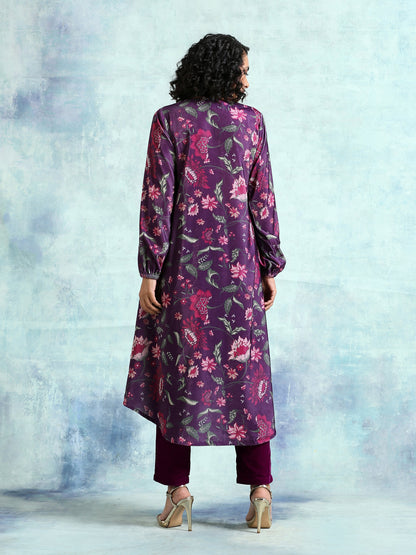 Wine Printed Velvet Neck Pleat Kurta