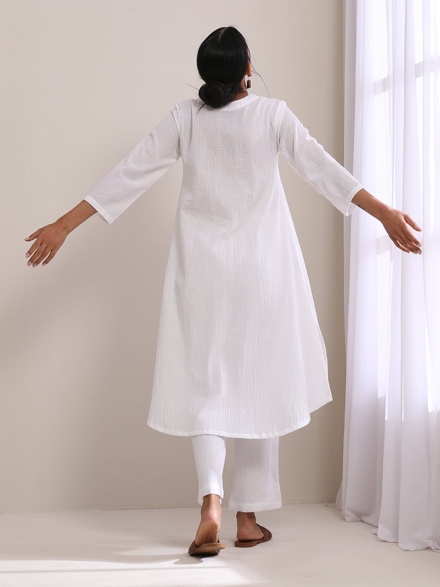 White Dobby Flared Slit Kurta Pant Set