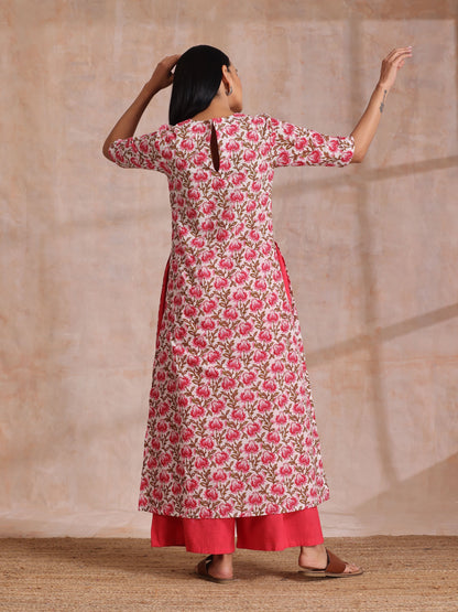 Pink Brown Overall Floral On White Block Print Cotton Slit Kurta Pant Set