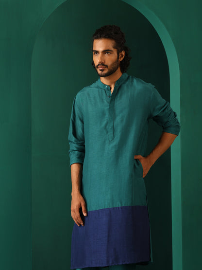 trueBrowns Men's Blue Color Block Silk Long Kurta