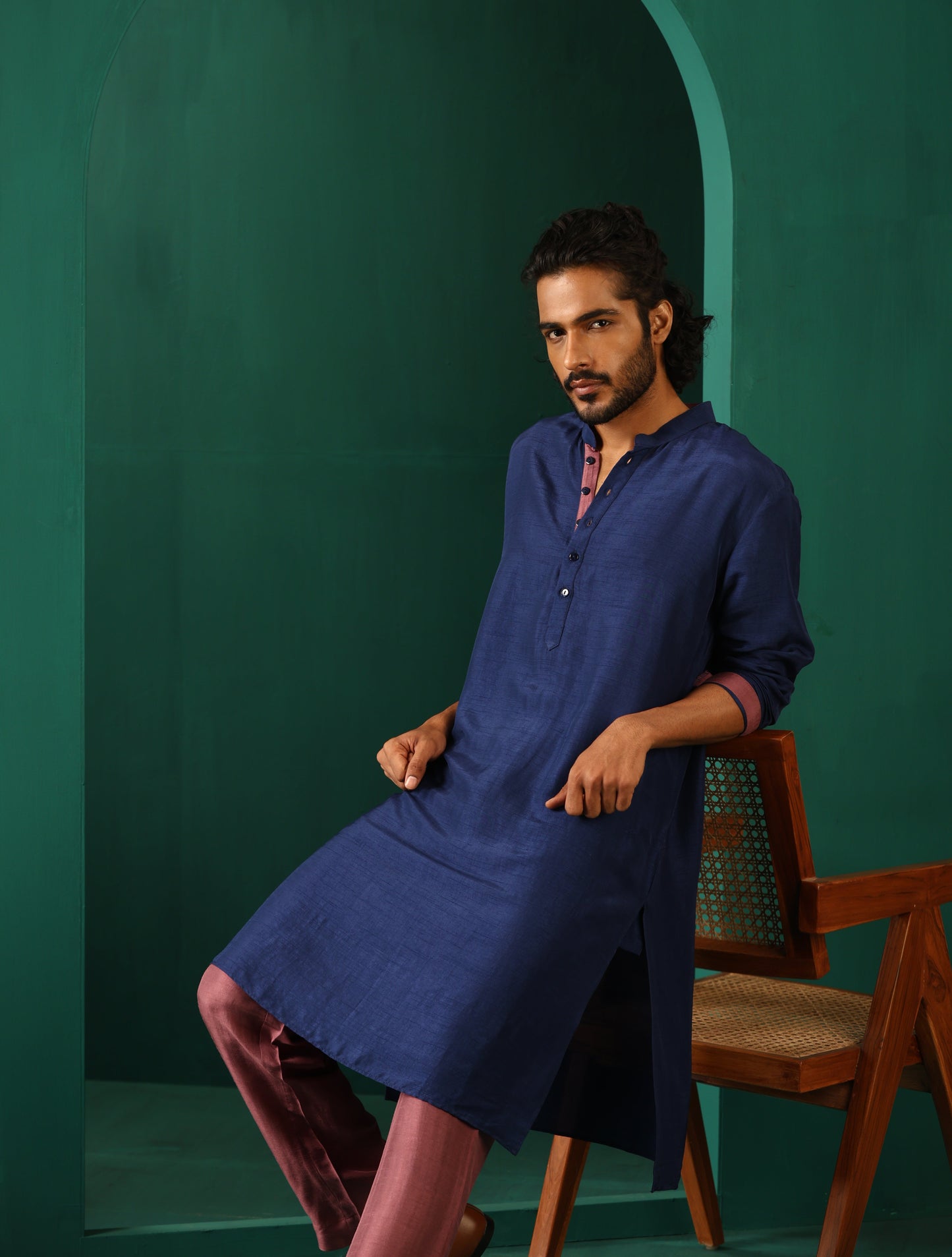 trueBrowns Men's Blue Silk Long Kurta