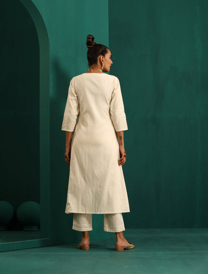 trueBrowns Ivory Tonal Cotton Angrakha Kurta Pant Set