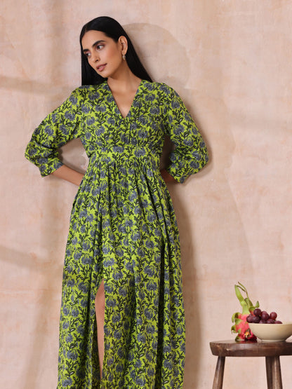 Lime Green Overall Blue Floral Block Print Cotton Wrap Dress