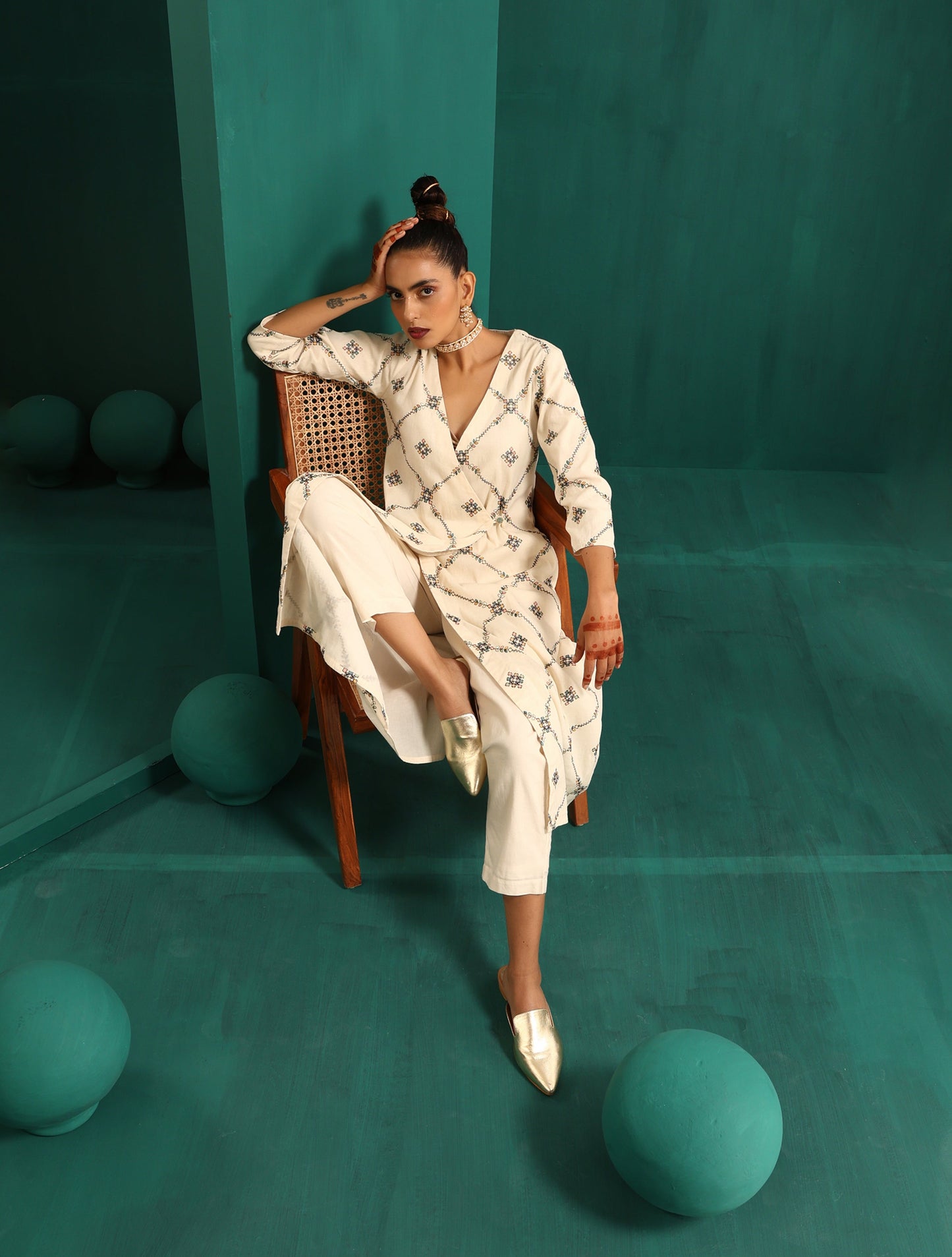 trueBrowns Ivory Rhombus Cotton Angrakha Kurta Pant Set