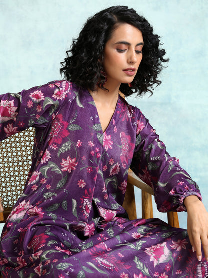 Wine Printed Velvet Neck Pleat Kurta