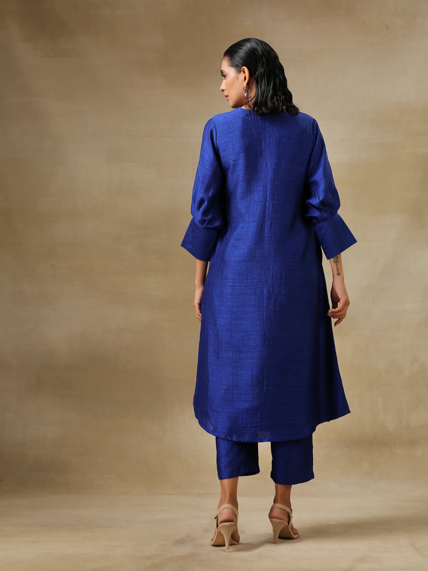 Blue Textured Silk Puff Sleeve Kurta Pant Set