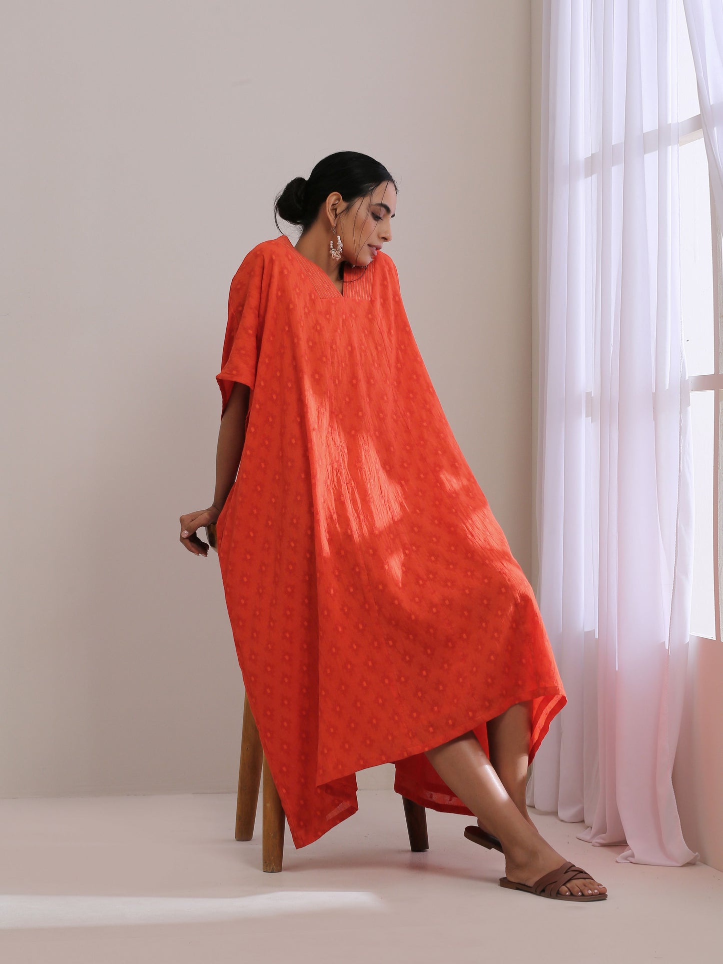 Orange Dobby Panel Kaftan Dress