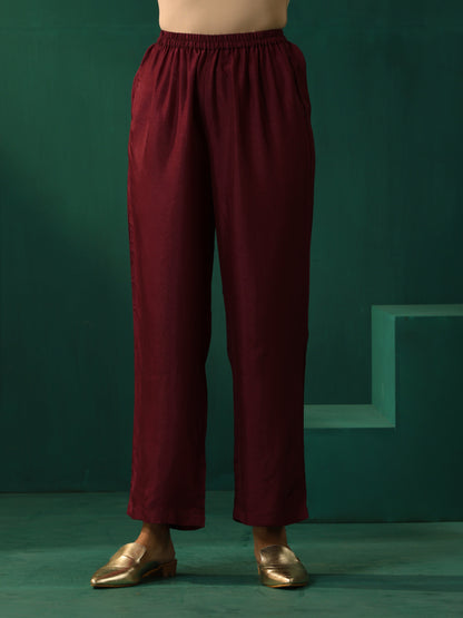 trueBrowns Wine Geometric Viscose Silk High Slit Kurta Pant Set