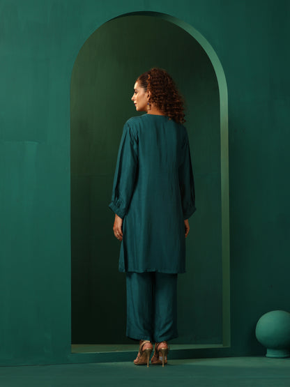 trueBrowns Teal Silk Relaxed Placket Co-ord Set