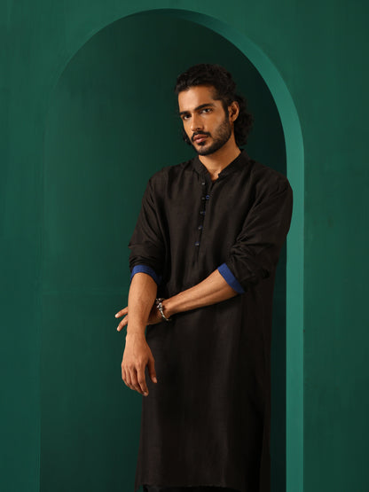 trueBrowns Men's Black Silk Long Kurta