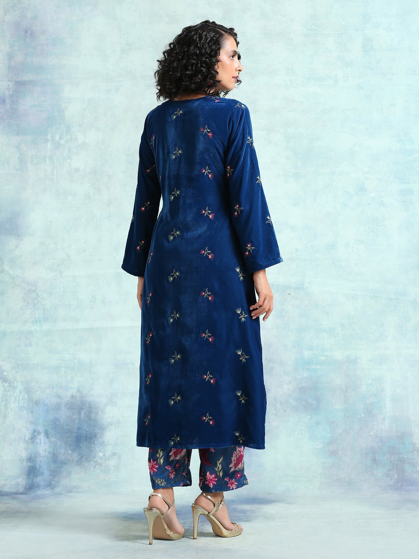 Blue Embroidered Velvet High Slit Kurta