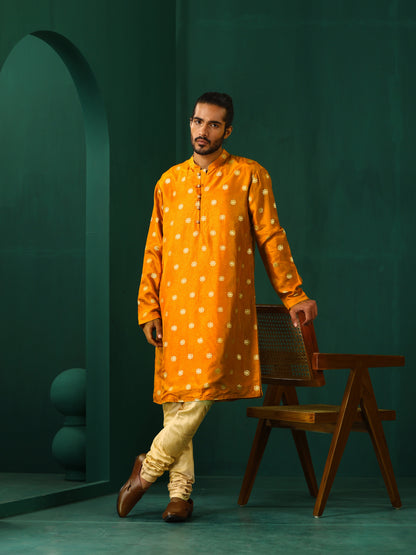 trueBrowns Men's Mustard Geometric Floral Viscose Silk Long Kurta