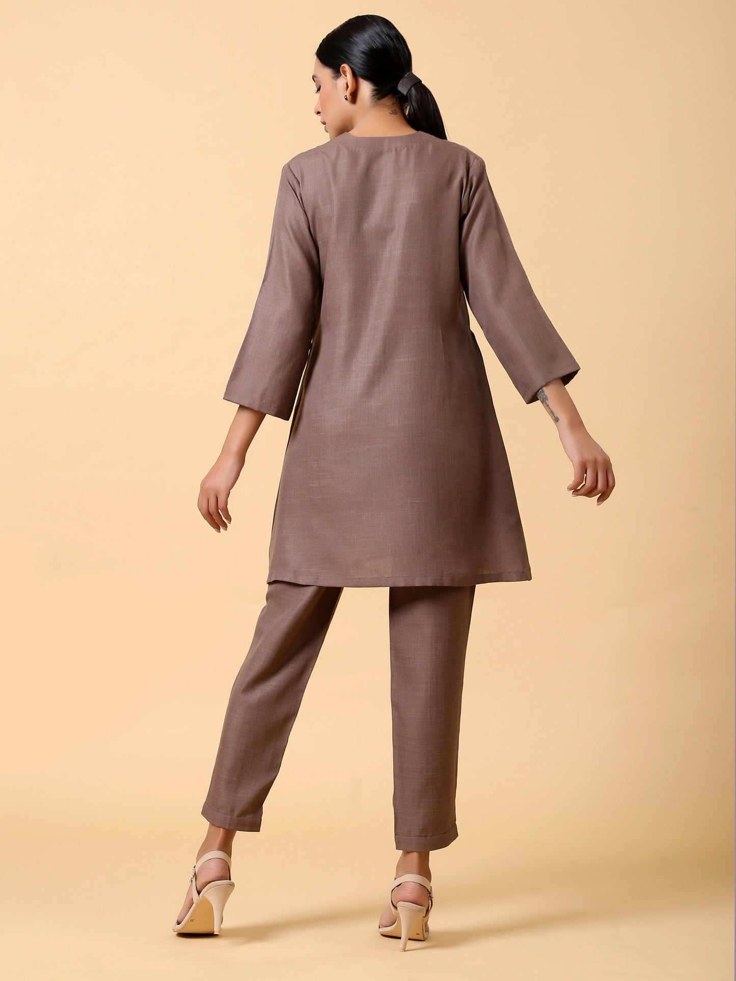 Cotton Linen Burnt Brown Pleated Co-Ord Set - trueBrowns