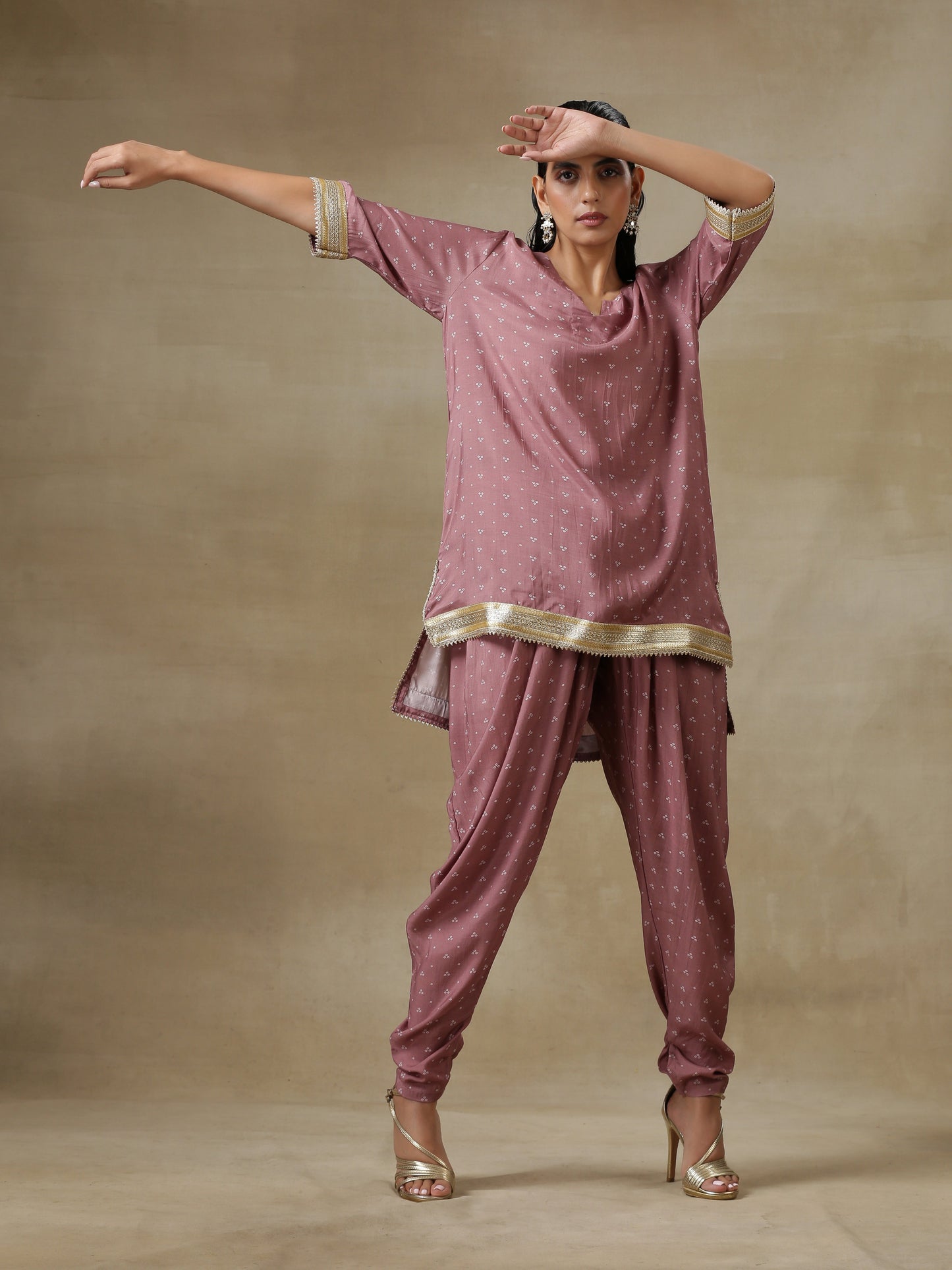 Dark Mauve Bandhani Printed Silk Loose Kurta Dhoti Pant Set